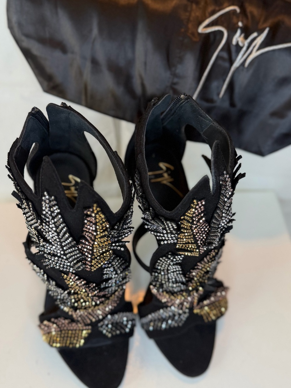 Giuseppe Zanotti Black Suede Crystal Leaf Embellished High Heels - Picture 4 of 9